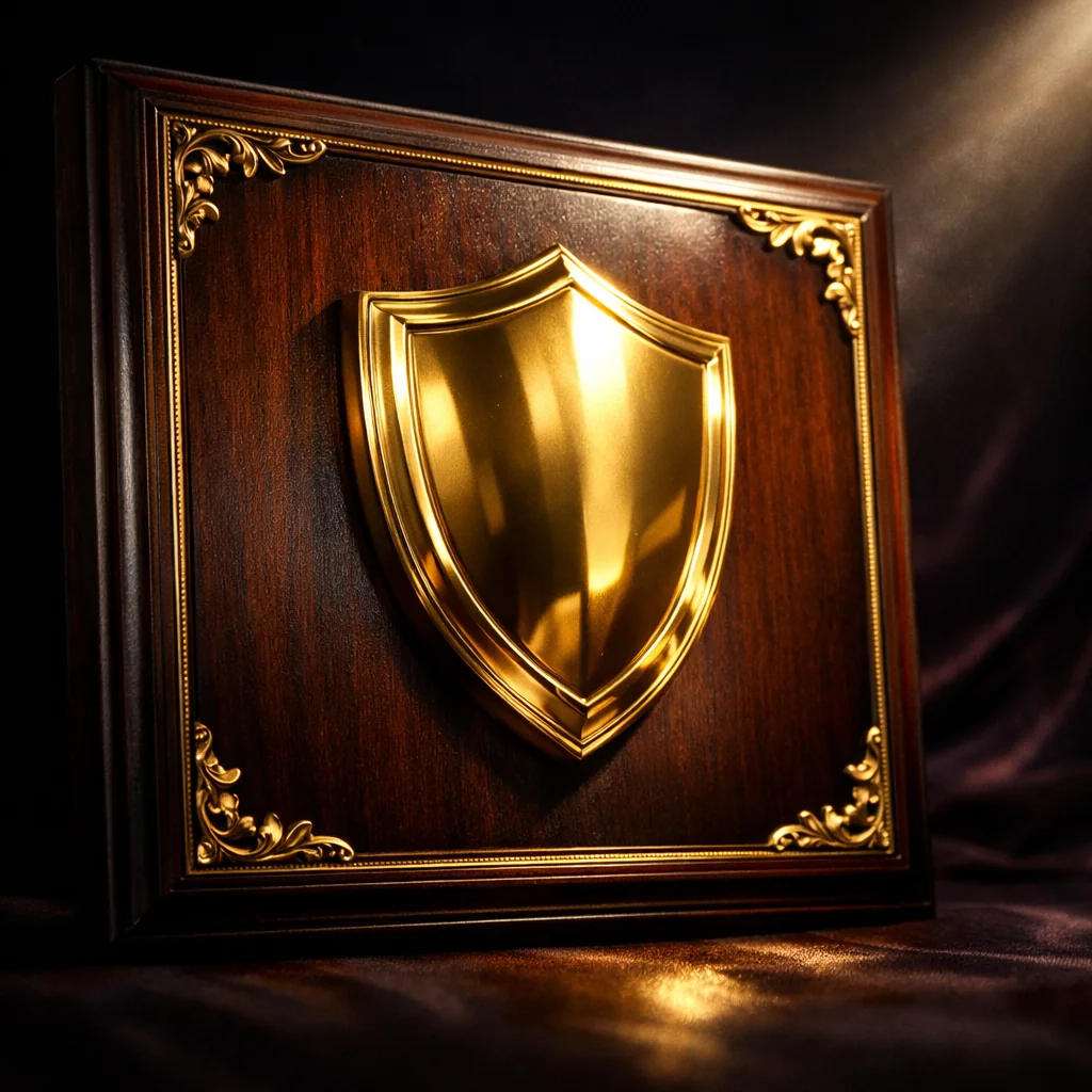 Gouden schildbadge met award-lint op donkerpaarse achtergrond